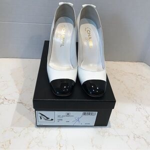 CHANEL Women's White Patent Two-Tone Black and White Heels